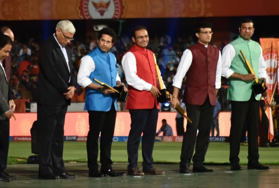 Cricket Association of Bengal President Sourav Ganguly with Sachin Tendulkar, V. V. S. Laxman and Virender Sehwag mentors of Mumbai Indians, Sunrisers Hyderabad and Kings XI Punjab respectively during the opening ceremony of IPL 2017 at Rajiv Gandhi International Stadium in Hyderabad on April 5, 2017. Sourav Ganguly,Sachin Tendulkar,V. V. S. Laxman,Virender Sehwag,IPL 2017 Opening Ceremony,IPL Opening Ceremony,IPL 2017 Opening Ceremony pics,IPL 2017 Opening Ceremony images,IPL 2017 Opening Ceremony stills,IPL 2017 Opening Ceremony pictures,IPL 2017 Ope