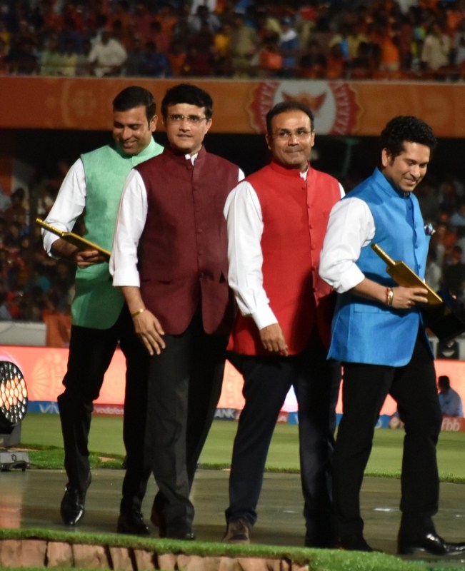 Cricket Association of Bengal President Sourav Ganguly with Sachin Tendulkar, V. V. S. Laxman and Virender Sehwag mentors of Mumbai Indians, Sunrisers Hyderabad and Kings XI Punjab respectively during the opening ceremony of IPL 2017 at Rajiv Gandhi International Stadium in Hyderabad on April 5, 2017. Sourav Ganguly,Sachin Tendulkar,V. V. S. Laxman,Virender Sehwag,IPL 2017 Opening Ceremony,IPL Opening Ceremony,IPL 2017 Opening Ceremony pics,IPL 2017 Opening Ceremony images,IPL 2017 Opening Ceremony stills,IPL 2017 Opening Ceremony pictures,IPL 2017 Ope