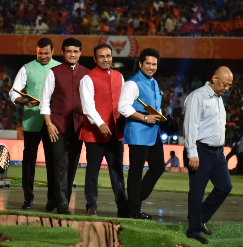 Cricket Association of Bengal President Sourav Ganguly with Sachin Tendulkar, V. V. S. Laxman and Virender Sehwag mentors of Mumbai Indians, Sunrisers Hyderabad and Kings XI Punjab respectively during the opening ceremony of IPL 2017 at Rajiv Gandhi International Stadium in Hyderabad on April 5, 2017. Sourav Ganguly,Sachin Tendulkar,V. V. S. Laxman,Virender Sehwag,IPL 2017 Opening Ceremony,IPL Opening Ceremony,IPL 2017 Opening Ceremony pics,IPL 2017 Opening Ceremony images,IPL 2017 Opening Ceremony stills,IPL 2017 Opening Ceremony pictures,IPL 2017 Ope