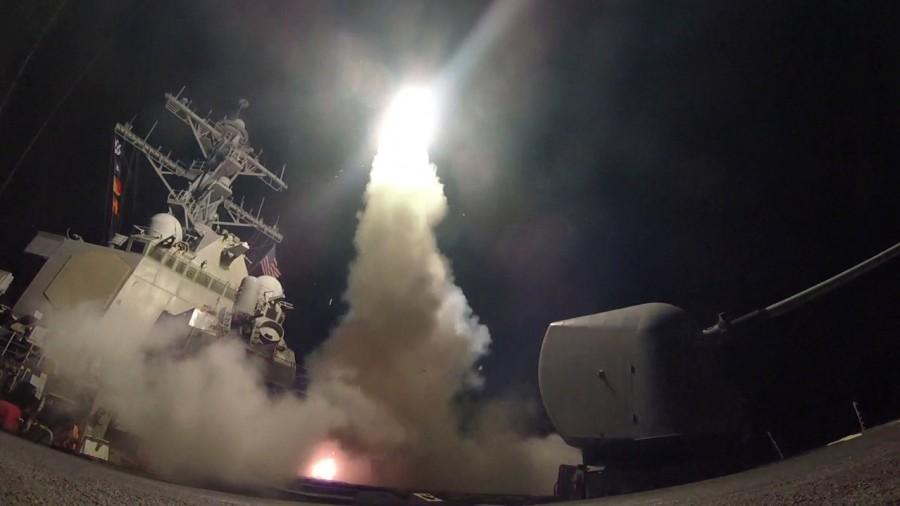 U.S. Navy guided-missile destroyer USS Porter (DDG 78) conducts strike operations while in the Mediterranean Sea which U.S. Defense Department said was a part of cruise missile strike against Syria on April 7, 2017. US,military strike,Syrian government,chemical weapons attack,chemical weapons,Chemical weapons attack syria,President Donald Trump,Donald Trump,Syria