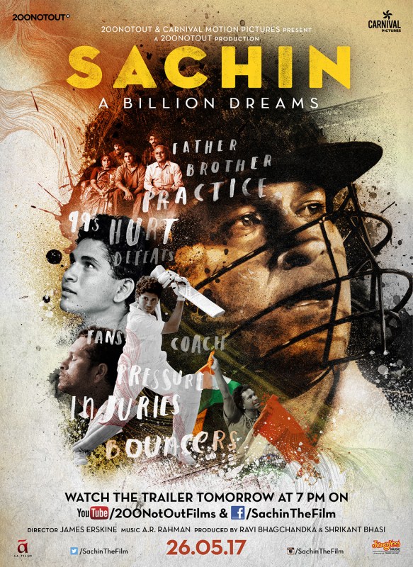 Sachin: A Billion Dreams directed by James Erskine wraps up the wonderful journey of the virtual hero in his forthcoming film that is all set to come alive in theaters on 26th May. The makers of the film are all excited to present the trailer of same to the audiences on 13th April! The news is Sachin Himself will join the makers on this very special day and launch the promo unit along with the media personnel who will be gathered for the event. The teaser of the film has already been put out that has Sachin himself narrating the story, it surely leaves one with much urge to experience the entire film. The film appears to be a sheer treat for all the fans of Sachin Tendulkar who can’t wait to watch the film. The music of the film is being given by none other than the maestro himself, A.R Rahman. Sachin A Billion Dreams is been directed by London-based award-winning writer, director James Erskine, Produced by Ravi Bhagchandka, 200 Not Out and Shrikant Bhasi, Carnival Motion Pictures. Film releases on 26th may 2017. Sachin: A Billion Dreams,Sachin: A Billion Dreams poster,Sachin,Sachin Tendulkar,James Erskine,Shrikant Bhasi,Carnival Motion Pictures,A.R Rahman
