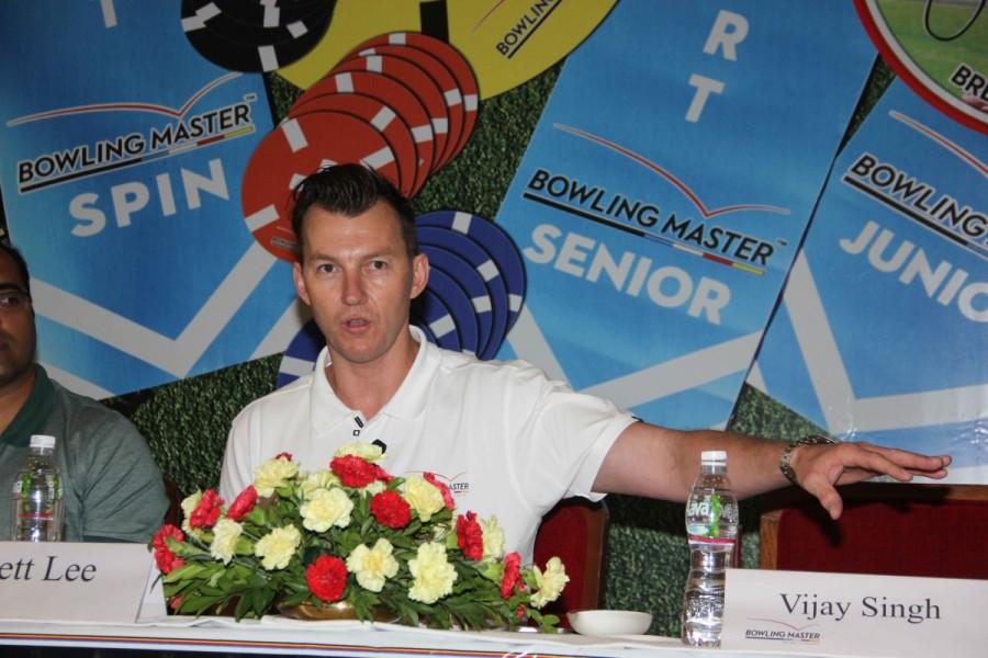 Former Australian pacer and the product brand ambassador Brett Lee spotted during the launch of 'Bowling Master', in Mumbai. Brett Lee,Australian pacer Brett Lee,Bowling Master partnership,Bowling Master,Bowling Master partnership with Amazon