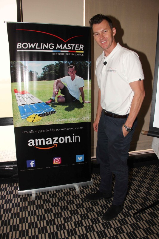 Former Australian pacer and the product brand ambassador Brett Lee spotted during the launch of 'Bowling Master', in Mumbai. Brett Lee,Australian pacer Brett Lee,Bowling Master partnership,Bowling Master,Bowling Master partnership with Amazon