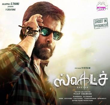 Chiyaan Vikram's Sketch first look posters revealed on the occasion of Vikram's birthday. Directed by Vijay Chandar and Produced by Kalaipuli S Thanu under V Creations. Tamannaah, Radharavi, Soori, Sriman, Sri Priyanka, Ravi Kishan, R. K. Suresh in other cast.