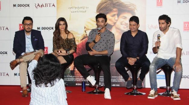 Bollywood Actors Sushant Singh Rajput and Kriti Sanon during the Trailer launch of film Raabta in Mumbai on April 16, 2017.