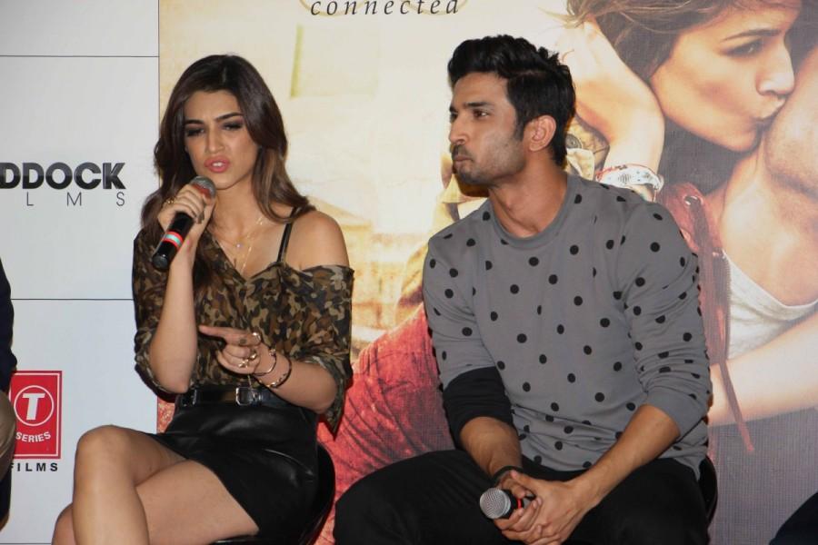 Bollywood Actors Sushant Singh Rajput and Kriti Sanon during the Trailer launch of film Raabta in Mumbai on April 16, 2017. Sushant Singh Rajput,Kriti Sanon,Sushant Singh Rajput and Kriti Sanon,Raabta,Raabta trailer,Raabta trailer launch,Raabta trailer launch pics,Raabta trailer launch images,Raabta trailer launch stills,Raabta trailer launch pictures,Raabta trailer launch pho