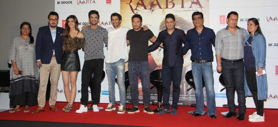 Bollywood Actors Sushant Singh Rajput and Kriti Sanon during the Trailer launch of film Raabta in Mumbai on April 16, 2017. Sushant Singh Rajput,Kriti Sanon,Sushant Singh Rajput and Kriti Sanon,Raabta,Raabta trailer,Raabta trailer launch,Raabta trailer launch pics,Raabta trailer launch images,Raabta trailer launch stills,Raabta trailer launch pictures,Raabta trailer launch pho