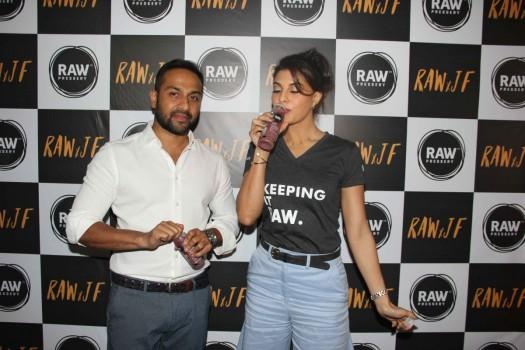 Anuj Rakyan, Raw Pressery and Bollywood actor Jacqueline Fernandez during the launch of Raw Pressery juice brand in Mumbai.