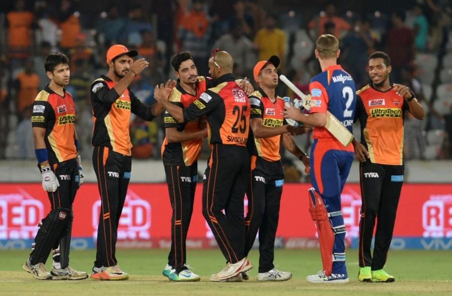 Sunrisers Hyderabad (SRH) dominated with both bat and ball to beat Delhi Daredevils by 15 runs in an Indian Premier League (IPL) match at the Rajiv Gandhi International Stadium here on Wednesday. Electing to bat first on winning the toss, SRH posted a challenging total of 191/4 in their allotted 20 overs with quickfire half-centuries from Kane Williamson and Shikhar Dhawan. Williamson scored 89 runs off 51 balls with six boundaries and five sixes while Dhawan posted 50 runs, studding his 50-ball stint with seven boundaries and a six. In reply, Delhi could only manage 176/5. Shreyas Iyer was their highest scorer, remaining unbeaten on 50 runs which came off 31 balls with five hits to the fence and two sixes. Mohammed Siraj was the most successful among the SRH bowlers with figures of 2/39. Sunrisers Hyderabad,Delhi Daredevils,Hyderabad beat Delhi,Rajiv Gandhi International Stadium,Indian Premier League,Indian Premier League 2017,IPL,IPL 2017,Mohammed Siraj,Sanju Samson,Karun Nair,Rishabh Pant