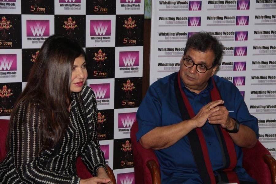 Filmmaker Subhash Ghai and Singer Alka Yagnik at Whistling Woods International Institute in Mumbai on April 19, 2017. Filmmaker Subhash Ghai,Singer Alka Yagnik,Alka Yagnik,Whistling Woods International Institute,Whistling Woods