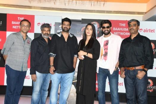 Celebs like Prabhas, Rana Daggubati, Anushka Shetty and SS Rajamouli at Baahubali 2 sims launch.