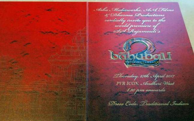 Baahubali 2 premiere invites are as grand as SS Rajamouli's film in Mumbai on 27 April. Baahubali 2 premiere,Baahubali 2,Baahubali 2 premiere show,SS Rajamouli,Prabhas,Anushka Shetty,Tamannaah Bhatia,Rana Daggubati,Baahubali 2 premiere show pics,Baahubali 2 premiere show images,Baahubali 2 premiere show stills,Baahubali 2 premiere show pictu