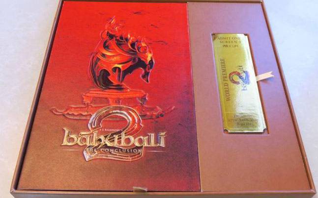 Baahubali 2 premiere invites are as grand as SS Rajamouli's film in Mumbai on 27 April. Baahubali 2 premiere,Baahubali 2,Baahubali 2 premiere show,SS Rajamouli,Prabhas,Anushka Shetty,Tamannaah Bhatia,Rana Daggubati,Baahubali 2 premiere show pics,Baahubali 2 premiere show images,Baahubali 2 premiere show stills,Baahubali 2 premiere show pictu