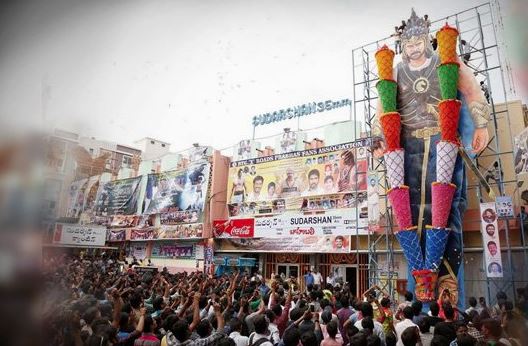 Fans make huge cutouts of Baahubali 2 stars Prabhas, Rana Daggubati and SS Rajamouli. Baahubali 2,Bahubali 2,Baahubali 2 cutouts,SS Rajamouli,Baahubali 2 stars,Prabhas,Rana Daggubati,S S Rajamouli