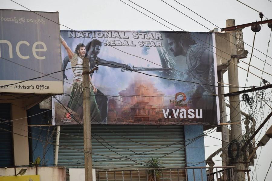 Fans make huge cutouts of Baahubali 2 stars Prabhas, Rana Daggubati and SS Rajamouli. Baahubali 2,Bahubali 2,Baahubali 2 cutouts,SS Rajamouli,Baahubali 2 stars,Prabhas,Rana Daggubati,S S Rajamouli
