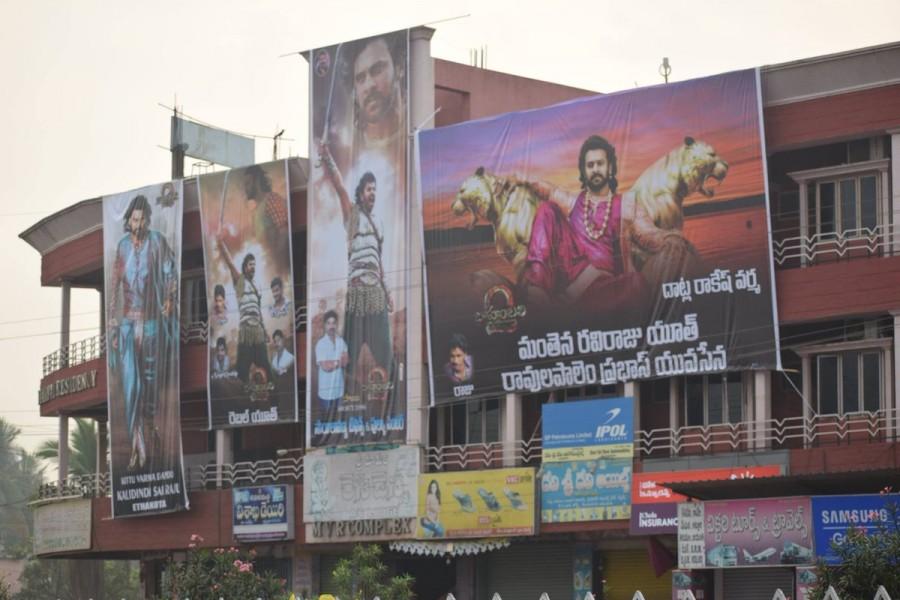 Fans make huge cutouts of Baahubali 2 stars Prabhas, Rana Daggubati and SS Rajamouli. Baahubali 2,Bahubali 2,Baahubali 2 cutouts,SS Rajamouli,Baahubali 2 stars,Prabhas,Rana Daggubati,S S Rajamouli