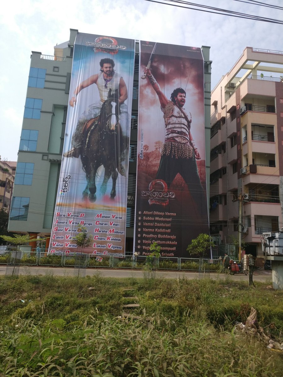 Fans make huge cutouts of Baahubali 2 stars Prabhas, Rana Daggubati and SS Rajamouli. Baahubali 2,Bahubali 2,Baahubali 2 cutouts,SS Rajamouli,Baahubali 2 stars,Prabhas,Rana Daggubati,S S Rajamouli