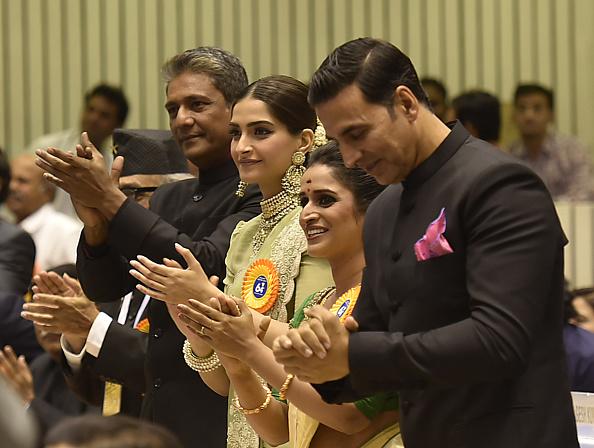 Adil Hussain, Sonam Kapoor, Surabhi Lakshmi, Akshay Kumar at 64th National Film Awards 2016. National Film Awards 2017,National Film Awards,K Viswanath,Mohanlal,Akshay Kumar,Sonam Kapoor,Mohanlal,Pranab Mukherjee,President Pranab Mukherjee