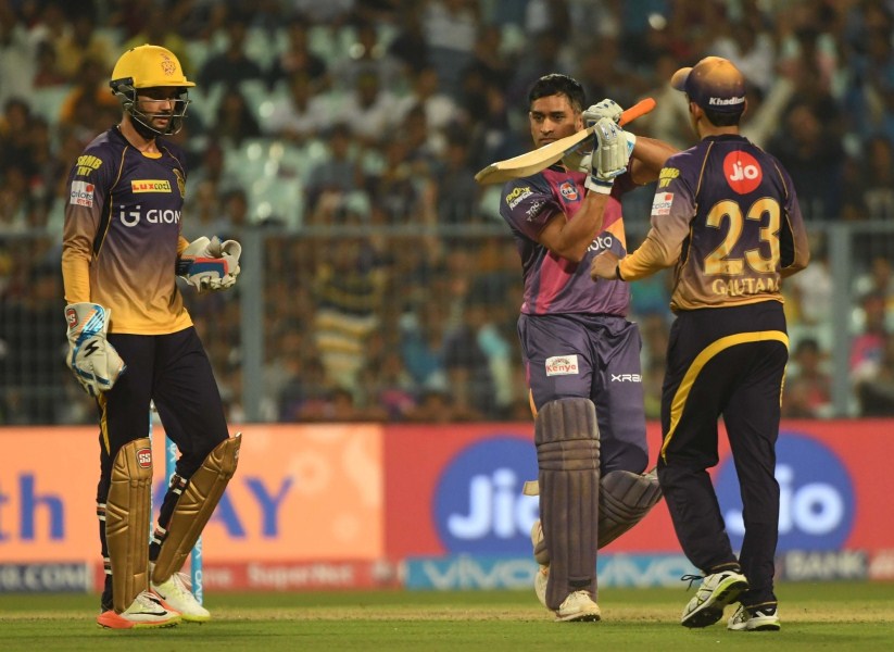 Rising Pune Supergiant rode on little-known Rahul Tripathi's career-best 93 of 52 balls to win, by four wickets, an Indian Premier League (IPL) engagement against Kolkata Knight Riders (KKR) at the Eden Gardens on Wednesday and take giant strides towards the playoffs. Pune, now on 14 points from 11 games, moved to third spot with KKR staying on second with the same number of points as Pune from 11 outings. Replying to KKR's 155/8, Pune scored 158/6 in 19.2 overs. Tripathi, who is playing his first IPL, brought up his fifty in just 23 deliveries with eight fours and three sixes. The Maharashtra batsman went from strength to strength after his half-century spanking chinaman Kuleep Yadav for three sixes on the trot in the 13th over. Chris Woakes fared best among the bowlers for the hosts (3/18) taking the wickets of Pune and Australia skipper Steve Smith (9) and in-form Manoj Tiwary (8) off two excellent deliveries. Rahul Tripathi,Rahul Tripathi IPL 2017,Rahul Tripathi India cricket,IPL 10,Pune defeat KKR,Indian Premier League,Indian Premier League 2017,Kolkata Knight Riders,Rising Pune Supergiant