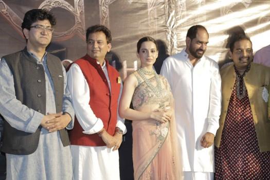 Bollywood filmmaker Kamal Jain, actor Kangana Ranaut, filmmaker Radha Krishna Jagarlamudi and singer Shankar Mahadevan during the poster launch of the film Manikarnika: The Queen of Jhansi, in Varanasi on May 4, 2017.