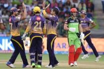 Chris Lynn and Sunil Narine's big hitting helped Kolkata Knight Riders (KKR) sweep aside out-of-sorts Royal Challengers Bangalore (RCB) by six wickets in a rain-interrupted Indian Premier League (IPL) match at the M. Chinnaswamy Stadium here on Sunday. It was a surprise when Narine came out to open the batting with the fit-again Lynn instead of in-form skipper Gautam Gambhir but the West Indian who has been doing the job at the top of the order for KKR this season vindicated the team management's faith in him. Pursuing RCB's 158/4, KKR romped home with 159/4 in 15.1 overs riding on a 105-run stand by Narine (54; 17b 6x4 4x6) and Lynn (50; 22b 5x4 4x6) in just 6.1 overs at a run rate of 17.02. Narine registered the fastest half-century in the IPL, reaching the 50-run-mark in just 15 balls. KKR are now second in the points table with 16 points from 12 outings. They play Kings XI Punjab in Mohali before ending the league engagements at home against already-qualified Mumbai Indians.