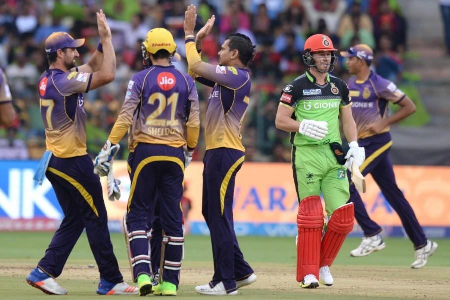 Chris Lynn and Sunil Narine's big hitting helped Kolkata Knight Riders (KKR) sweep aside out-of-sorts Royal Challengers Bangalore (RCB) by six wickets in a rain-interrupted Indian Premier League (IPL) match at the M. Chinnaswamy Stadium here on Sunday. It was a surprise when Narine came out to open the batting with the fit-again Lynn instead of in-form skipper Gautam Gambhir but the West Indian who has been doing the job at the top of the order for KKR this season vindicated the team management's faith in him. Pursuing RCB's 158/4, KKR romped home with 159/4 in 15.1 overs riding on a 105-run stand by Narine (54; 17b 6x4 4x6) and Lynn (50; 22b 5x4 4x6) in just 6.1 overs at a run rate of 17.02. Narine registered the fastest half-century in the IPL, reaching the 50-run-mark in just 15 balls. KKR are now second in the points table with 16 points from 12 outings. They play Kings XI Punjab in Mohali before ending the league engagements at home against already-qualified Mumbai Indians. Chris Lynn and Sunil Narine,Chris Lynn,Sunil Narine,Royal Challengers Bangalore,RCB,Kolkata Knight Riders,KKR beats RCB,Indian Premier League,Indian Premier League 2017,IPL,IPL 2017