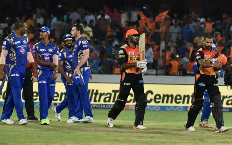 Nabi struck in his fourth delivery, running through the defence of Lendl Simmons (1). Nabi's efective bowling resulted in another wicket as a desperate Nitish Rana (9) pulled medium pacer Kaul to Bhuvneshwar at mid-off, as Mumbai were reduced to 22/2 in 4.1 overs. The next delivery could have been Mumbai three wickets down but Parthiv, at the personal score of 10, was dropped by Vijay Shankar at point off Kaul. However, the left-handed batsman couldn't make most of it as exactly 12 deliveries later, he hit straight a Kaul delivery to David Warner at long-on, as Mumbai reeled at 36/3. Then, Rohit Sharma and Hardik Pandya (15) forged a 60-run stand for the fourth wicket to bail the team out of the trouble. Rohit started slowly with ones and twos but got into groove once set his eyes in. He hoicked a leg-spinner Rashid Khan delivery over long-on to launch his attack. He targeted medium pacer Moises Enrique in the 14th over and collected three fours in the Australian's over. Sunrisers Hyderabad crush Mumbai Indians,Sunrisers Hyderabad beats Mumbai Indians,Sunrisers Hyderabad,Mumbai Indians,Indian Premier League,Indian Premier League 2017,IPL,IPL 2017