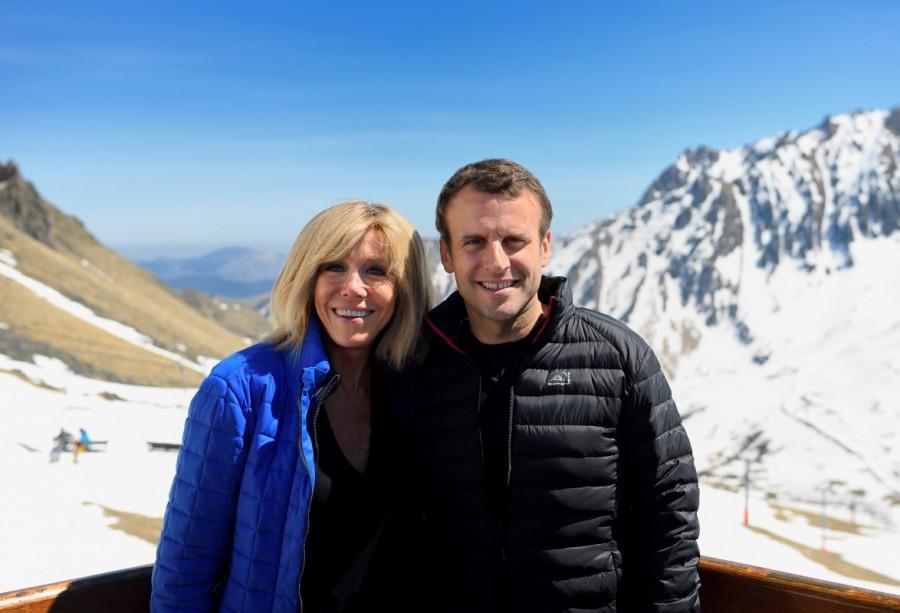 Emmanuel Macron and his wife Brigitte Trogneux pose during a lunch break as part of a campaign visit in Bagneres de Bigorre, in the Pyrenees mountain, France. Emmanuel Macron,Meet France's new First Lady,France First Lady,French President-elect Emmanuel Macron,Emmanuel Macron wife