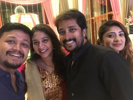 Amulya and Jagadish's sangeet and mehendi ceremonies held in Bangalore on Wednesday, May 10. Celebs like Golden Star Ganesh, Prem, Sharan, Suguna, Karunya, Sudha Rani and others graced the event.