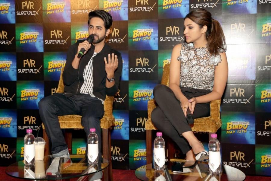 Actors Parineeti Chopra and Ayushman Khuranna during a press conference organised to promote their upcoming film "Meri Pyaari Bindu" in Noida, on May 10, 2017. Parineeti Chopra and Ayushman Khuranna,Parineeti Chopra,Ayushman Khuranna,Meri Pyari Bindu,Meri Pyari Bindu promotion,Meri Pyari Bindu movie promotion,Meri Pyari Bindu promotion pics,Meri Pyari Bindu promotion images,Meri Pyari Bindu promotion stills,Meri