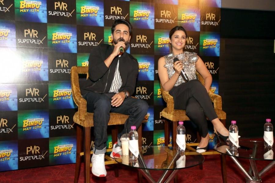 Actors Parineeti Chopra and Ayushman Khuranna during a press conference organised to promote their upcoming film "Meri Pyaari Bindu" in Noida, on May 10, 2017. Parineeti Chopra and Ayushman Khuranna,Parineeti Chopra,Ayushman Khuranna,Meri Pyari Bindu,Meri Pyari Bindu promotion,Meri Pyari Bindu movie promotion,Meri Pyari Bindu promotion pics,Meri Pyari Bindu promotion images,Meri Pyari Bindu promotion stills,Meri