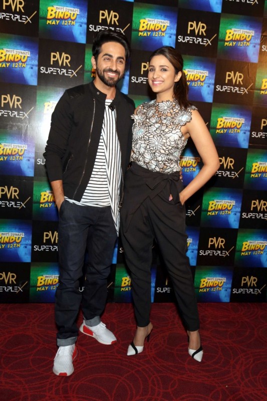 Actors Parineeti Chopra and Ayushman Khuranna during a press conference organised to promote their upcoming film "Meri Pyaari Bindu" in Noida, on May 10, 2017. Parineeti Chopra and Ayushman Khuranna,Parineeti Chopra,Ayushman Khuranna,Meri Pyari Bindu,Meri Pyari Bindu promotion,Meri Pyari Bindu movie promotion,Meri Pyari Bindu promotion pics,Meri Pyari Bindu promotion images,Meri Pyari Bindu promotion stills,Meri