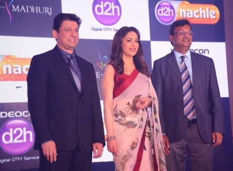Actress Madhuri Dixit with Dr. Shriram Nene and Videocon d2h Head Marketing Sugato Banerji at the launch of new value added service of Videocon d2h on May 10, 2017.