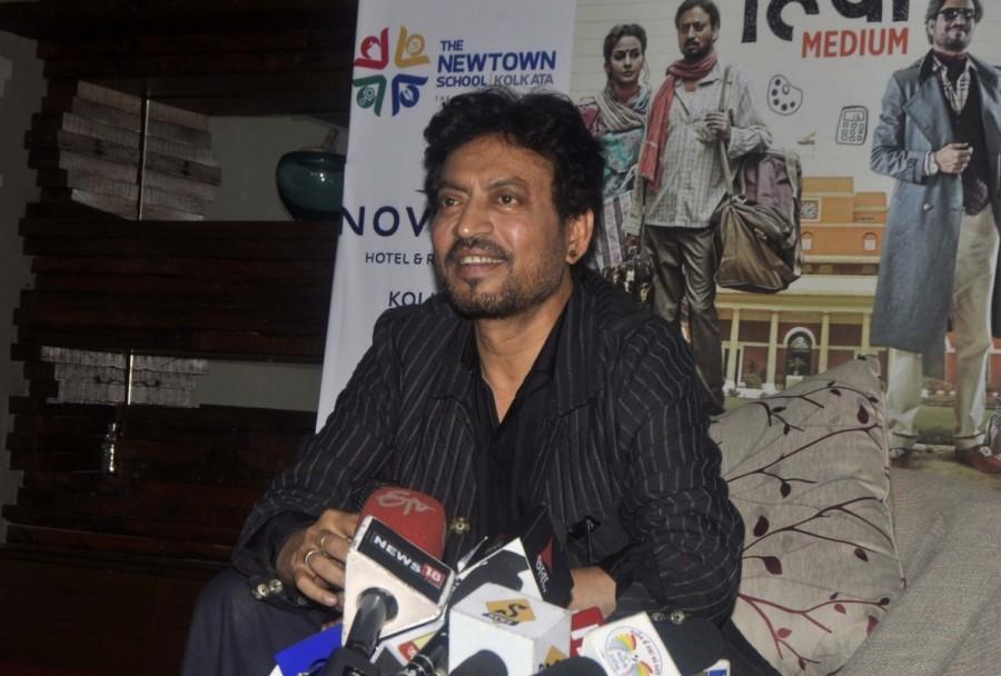 Bollywood actor Irrfan Khan addresses a press conference to promote his film upcoming "Hindi Medium" in Kolkata on May 10, 2017. Irrfan Khan,actor Irrfan Khan,Hindi Medium,Hindi Medium promotion,Hindi Medium movie promotion,Hindi Medium promotion pics,Hindi Medium promotion images,Hindi Medium promotion stills,Hindi Medium promotion pictures,Hindi Medium promotion photos