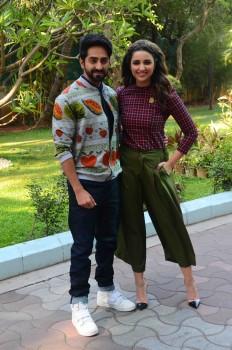 Bollywood actor Ayushman Khuranna and actress Parineeti Chopra promote Meri Pyari Bindu at Yashraj studio.