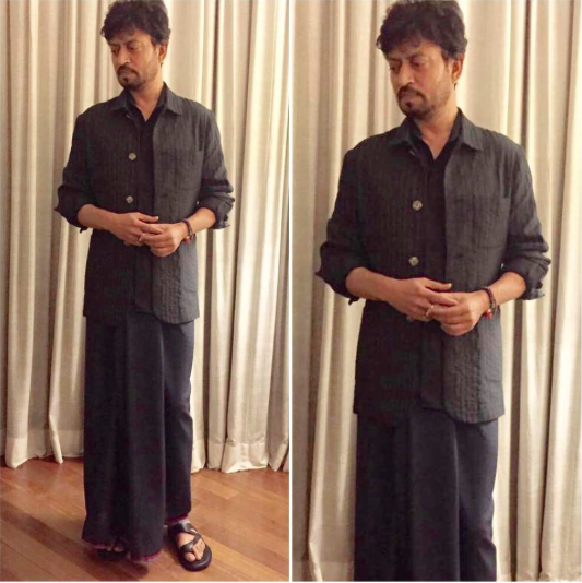 Look 1: Jacket and Lungi - Abraham and Thakore, Sandals - West Coast Footwear Company. Irrfan,Irrfan Khan,Irrfan Khan goes uber stylish,Hindi Medium promotions