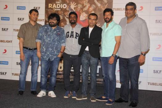 Sanujeet Bhujabal, Marketing Director, Sony Music Entertainment, Bollywood music director Pritam Chakraborty, choreographer Remo D'souza, Lyricist Amitabh Bhattacharya, filmmaker Kabir Khan and Amar Butala, COO, Salman Khan Films during the launch of first song of the film Tubelight, 'The Radio Song' in Mumbai on May 12, 2017.
