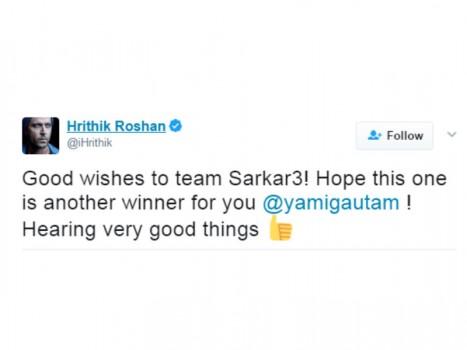 Hrithik Roshan greeted his Kaabil co-star Yami Gautam for her latest release Sarkar 3. The actor wished entire Sarkar 3 team, especially Yami who is showcasing her all new avatar in Sarkar 3. Audiences who witnessed Yami as a visually impaired girl in, Kaabil will now see her all new versatile side in Sarkar 3. Both Hrithik and Yami touched the audience's heart with their performances in Kaabil, and struck chords emotionally. Hrithik Roshan as Rohan Bhatnagar and Yami Gautam as Supriya aka Su have been two of the few onscreen characters this year to garner so much love from the audience.