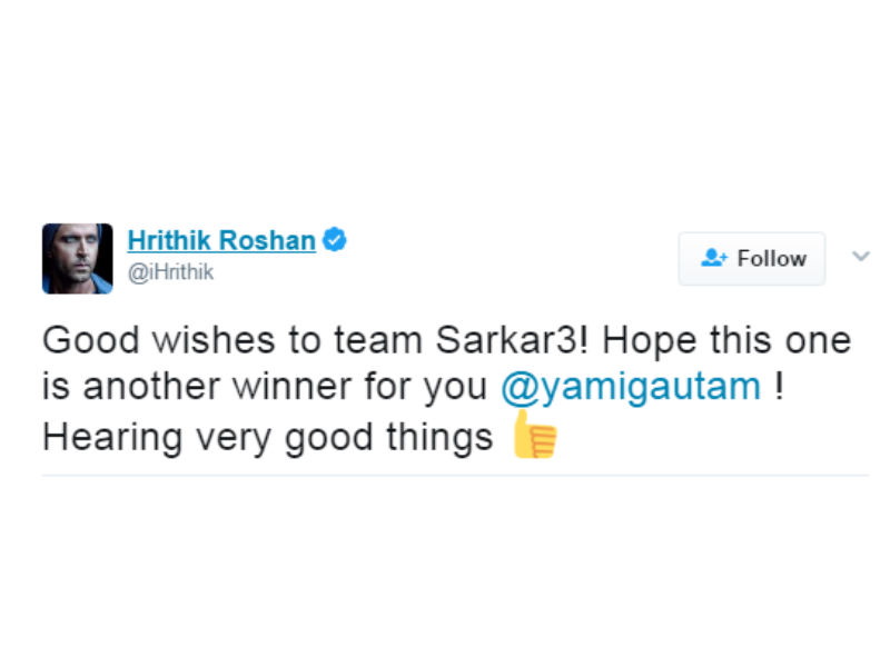Hrithik Roshan greeted his Kaabil co-star Yami Gautam for her latest release Sarkar 3. The actor wished entire Sarkar 3 team, especially Yami who is showcasing her all new avatar in Sarkar 3. Audiences who witnessed Yami as a visually impaired girl in, Kaabil will now see her all new versatile side in Sarkar 3. Both Hrithik and Yami touched the audience's heart with their performances in Kaabil, and struck chords emotionally. Hrithik Roshan as Rohan Bhatnagar and Yami Gautam as Supriya aka Su have been two of the few onscreen characters this year to garner so much love from the audience. Hrithik Roshan,Sarkar 3 release,Sarkar 3,Yami Gautam,Hrithik Roshan wishes Yami Gautam