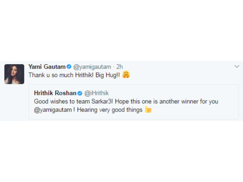 The actor took to twitter saying, "Good wishes to team Sarkar3! Hope this one is another winner for you @yamigautam! Hearing very good things". Yami Gautam had an instant reaction to Hrithik's tweet to which she says,"Thank u so much Hrithik! Big Hug!!'. It is in fact after a long time that Hrithik's pairing with an actress is being loved to this extent. Hrithik Roshan,Sarkar 3 release,Sarkar 3,Yami Gautam,Hrithik Roshan wishes Yami Gautam