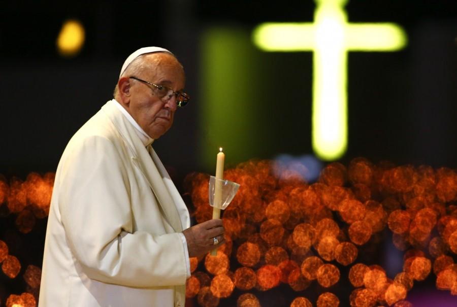 Pope Francis leads the blessing of the candles ceremony from the Chapel of the Apparitions at the Shrine of Our Lady of Fatima in Portugal. Pope,Pope Francis,Pope Francis visits Portugal's Shrine of Fatima,Shrine of Fatima,Madonna,Our Lady of Fatima,Lady of Fatima