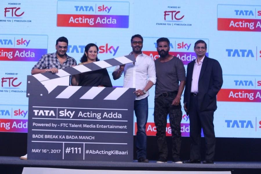 Bollywood Actors Ajay Devgan and Suniel Shetty during the launch of Tata Sky Acting Adda, in Mumbai, on May 16, 2017. Ajay Devgn and Suniel Shetty,Ajay Devgn,Suniel Shetty,Tata Sky Acting Adda,Tata Sky Acting Adda launch,Tata Sky Acting Adda launch pics,Tata Sky Acting Adda launch images,Tata Sky Acting Adda launch photos,Tata Sky Acting Adda launch stills,Tata Sky Actin