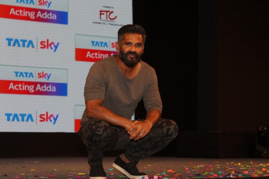Bollywood actor Suniel Shetty during the launch of Tata Sky Acting Adda, in Mumbai, on May 16, 2017. Ajay Devgn and Suniel Shetty,Ajay Devgn,Suniel Shetty,Tata Sky Acting Adda,Tata Sky Acting Adda launch,Tata Sky Acting Adda launch pics,Tata Sky Acting Adda launch images,Tata Sky Acting Adda launch photos,Tata Sky Acting Adda launch stills,Tata Sky Actin