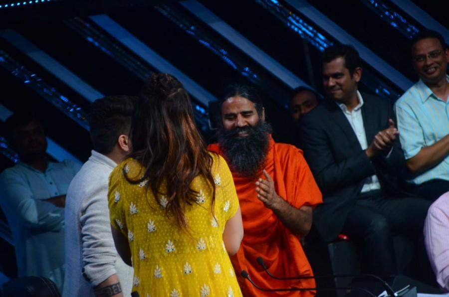 Bollywood choreographer Terence Lewis, Yoga guru Baba Ramdev, actor Sonakshi Sinha and filmmaker Mohit Suri, on the sets of Star Plus TV show Nach Baliye Season 8 in Mumbai on May 16, 2017. Choreographer Terence Lewis,Terence Lewis,Yoga guru Baba Ramdev,Baba Ramdev,Sonakshi Sinha,actress Sonakshi Sinha,filmmaker Mohit Suri,Mohit Suri,Nach Baliye Season 8,Nach Baliye 8,Star Plus TV show