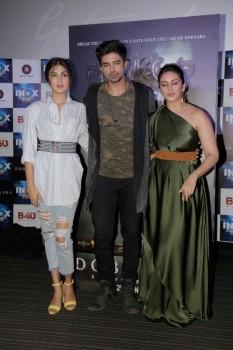 Bollywood actors Rhea Chakraborty, Saqib Saleem and Huma Qureshi during the song launch of Kari Kari from the film Dobaara in Mumbai on May 16, 2017.