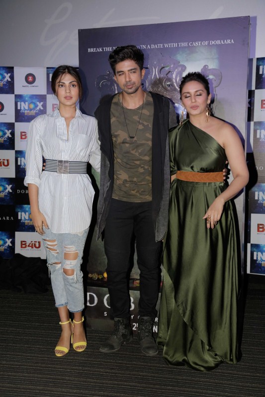Bollywood actors Rhea Chakraborty, Saqib Saleem and Huma Qureshi during the song launch of Kari Kari from the film Dobaara in Mumbai on May 16, 2017. Rhea Chakraborty,Saqib Saleem,Huma Qureshi,Kari Kari song launch,Kari Kari song,Kari Kari,Kari Kari song launch pics,Kari Kari song launch images,Kari Kari song launch stills,Kari Kari song launch pictures,Kari Kari song launch photos,Dobaara,Dobaara movi