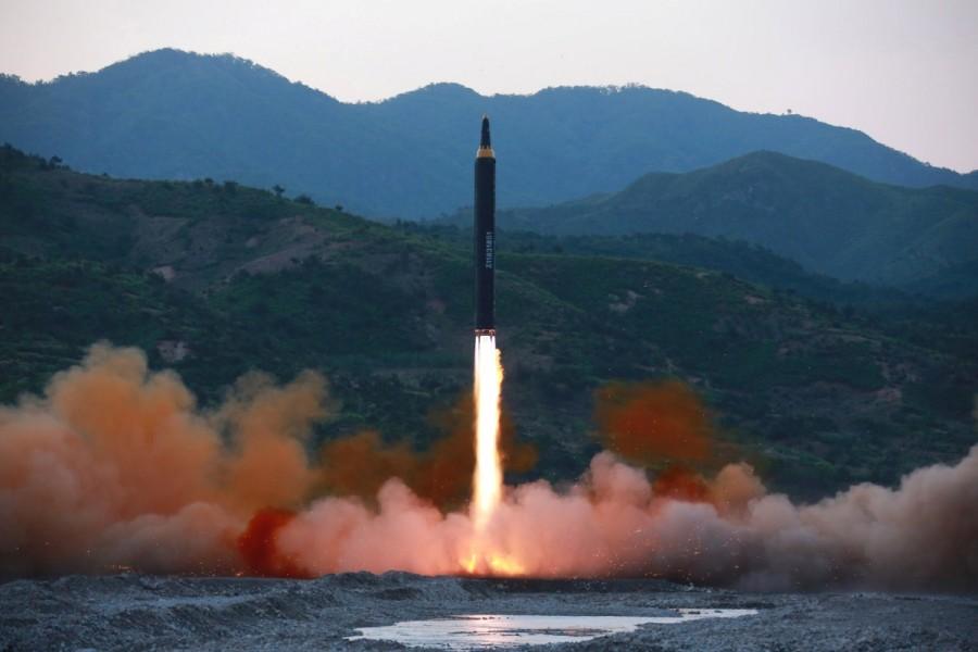 The long-range strategic ballistic rocket Hwasong-12 (Mars-12). North Korea,North Korea missile launch,missile launch,North Korea's successful missile test-launch,ballistic missile,missile,north korea missile test,Kim Jong Un