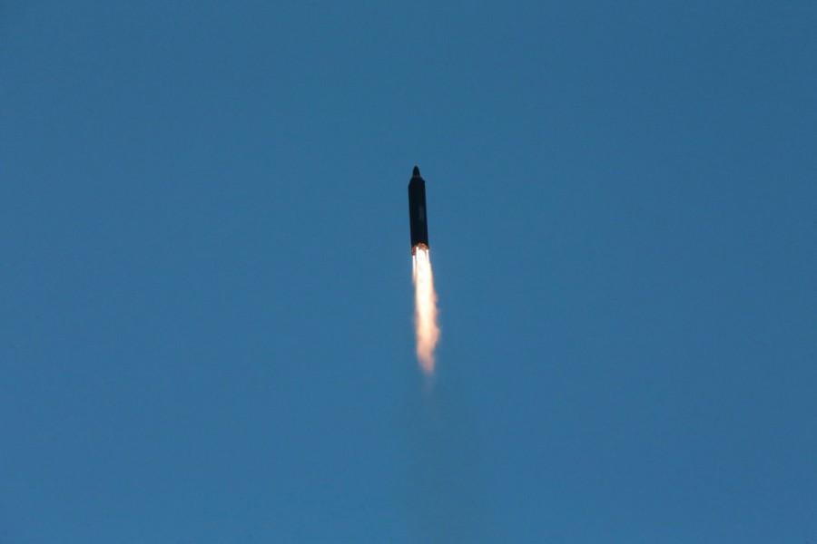 The long-range strategic ballistic rocket Hwasong-12 (Mars-12). North Korea,North Korea missile launch,missile launch,North Korea's successful missile test-launch,ballistic missile,missile,north korea missile test,Kim Jong Un