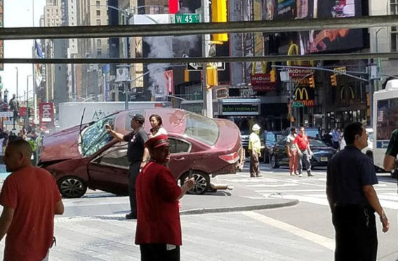 A vehicle that drove up on the sidewalk on Broadway & 43rd is seen in Times Square in New York, May 18, 2017. Car rams Times Square pedestrians,car crashed,New York City,Times Square