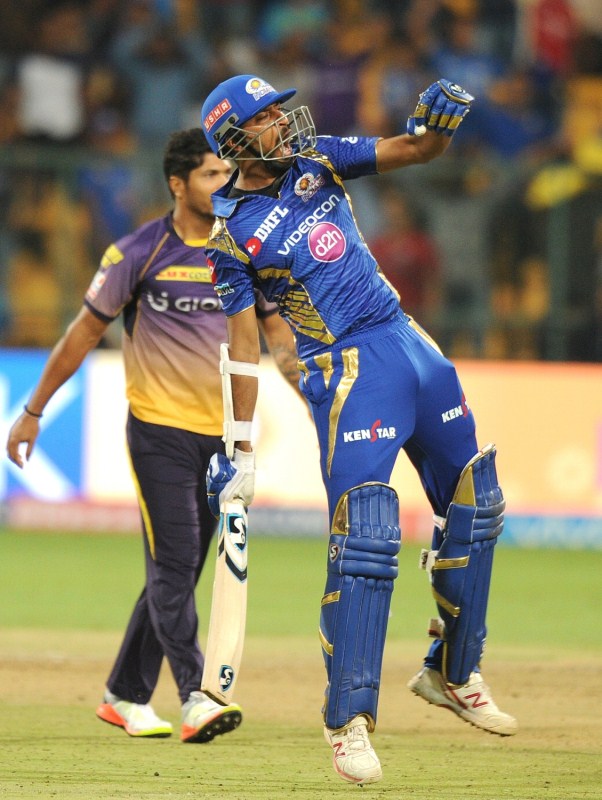 Piyush Chawla (2/34) was at the forefront of the early demolition, sending the dangerous Lendl Simmons (3) and Ambati Rayudu (6) back in the hut with a googly and a peach of a delivery respectively which beat Rayudu all ends up. At the end of Powerplay, Mumbai were in a spot of bother at 36/3. But once Rohit and Krunal saw off the initial few overs, it was Mumbai all the way as the latter played the role of aggressor with deft fours and lusty sixes to inflict a 16th defeat on their rivals in the two sides' 21st meeting. Krunal's innings was laced with eight fours and no six. With him at the crease was Keiron Pollard (not out 9) when Krunal hit the winning runs. Earlier, Mumbai leg-spinner Karn Sharma took four wickets to bowl out KKR for a paltry 107 in 18.5 overs. Karn (4/16) was brilliant on the night taking the wickets of Sunil Narine (10), Gautam Gambhir (12), Colin de Grandhomme (0) and Ishank Jaggi (28) to derail KKR's innings. Mumbai Indians beats Kolkata Knight Riders,Mumbai Indians,Kolkata Knight Riders,IPL 2017,IPL,Krunal Pandya